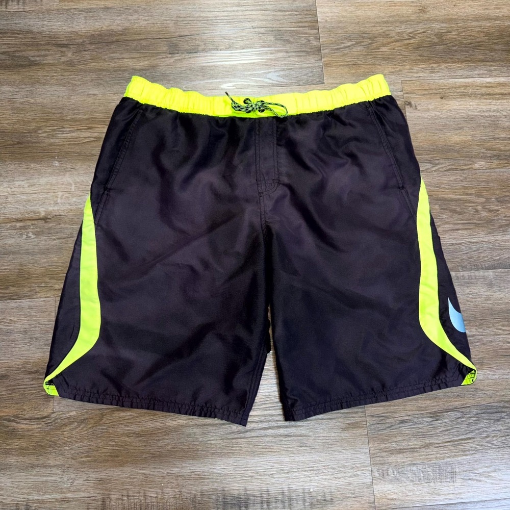 Nike Swim Trunks Mens Large Black Neon Green Mesh Lined Surfing Drawstring Waist